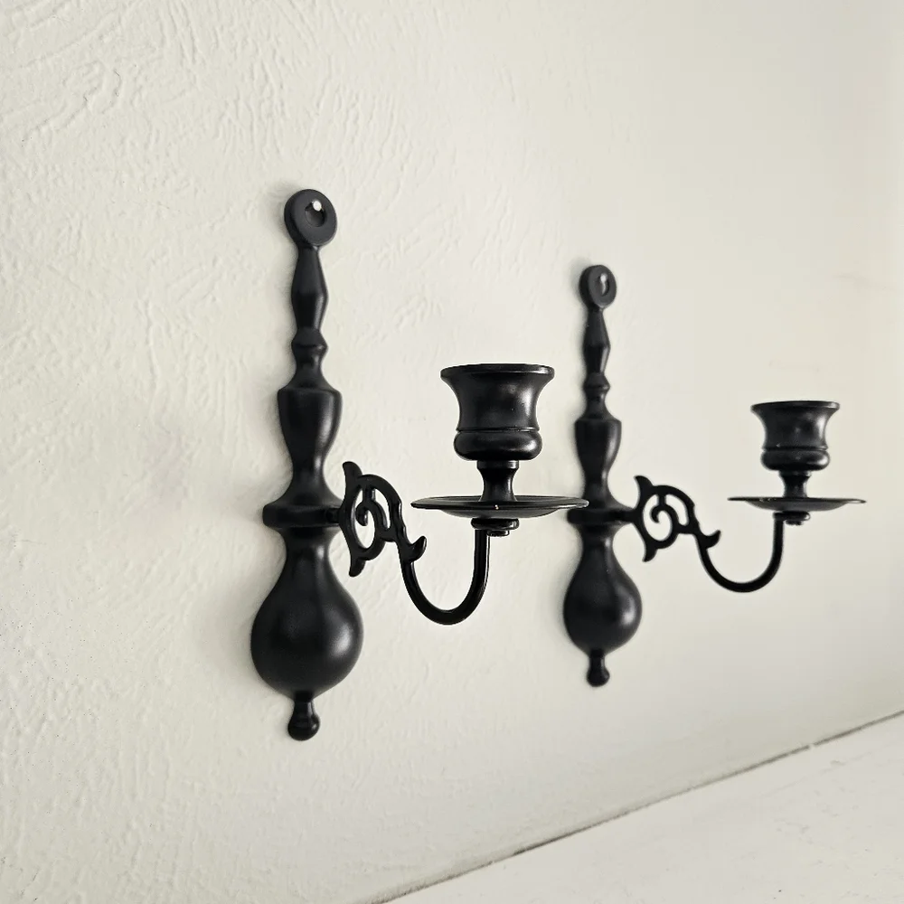 Antique Ebonized Wilton Brass Victorian Style Ornate Candle Wall Sconce